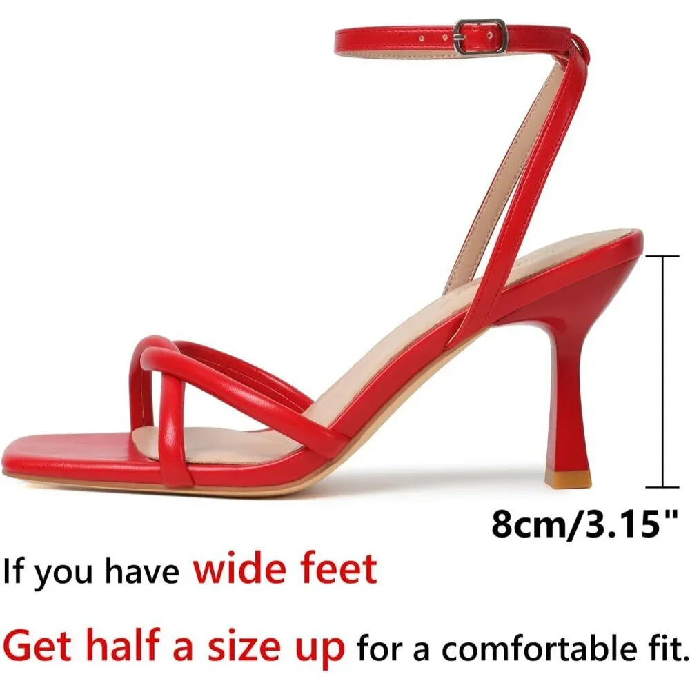 Women's Red Square Open Toe Kitten Strappy Ankle Strap Heeled Sandals Shoes - Picture 4 of 9